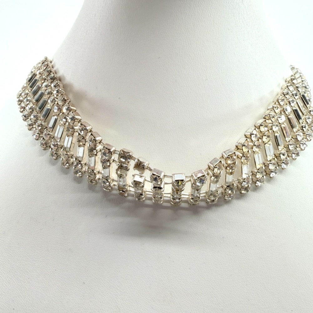 Vintage Mid Century Clear Rhinestone Baguette Choker Necklace Silver Tone Wide